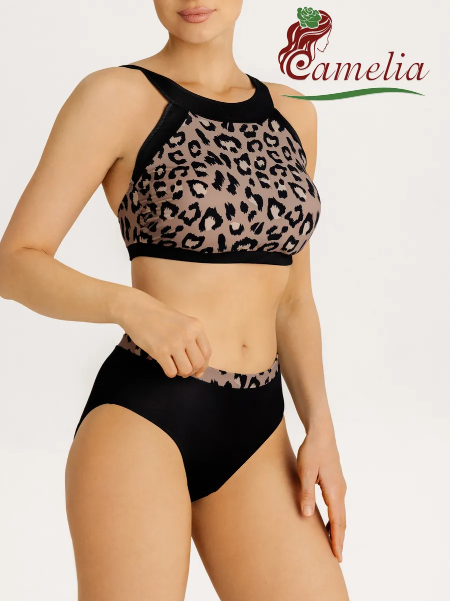 Купальник после мастэктомии ортопедический раздельный бежевый/черный/леопард