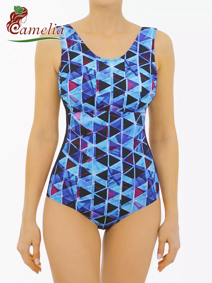 Купальник ортопедический после мастэктомии слитный 2383 синий/черный/геометрия