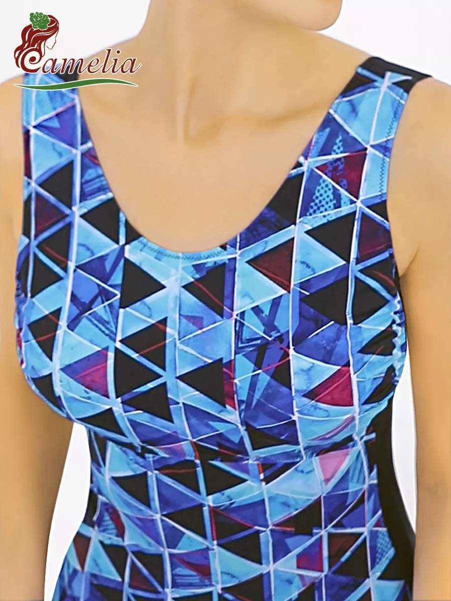 Купальник ортопедический после мастэктомии слитный 2383 синий/черный/геометрия